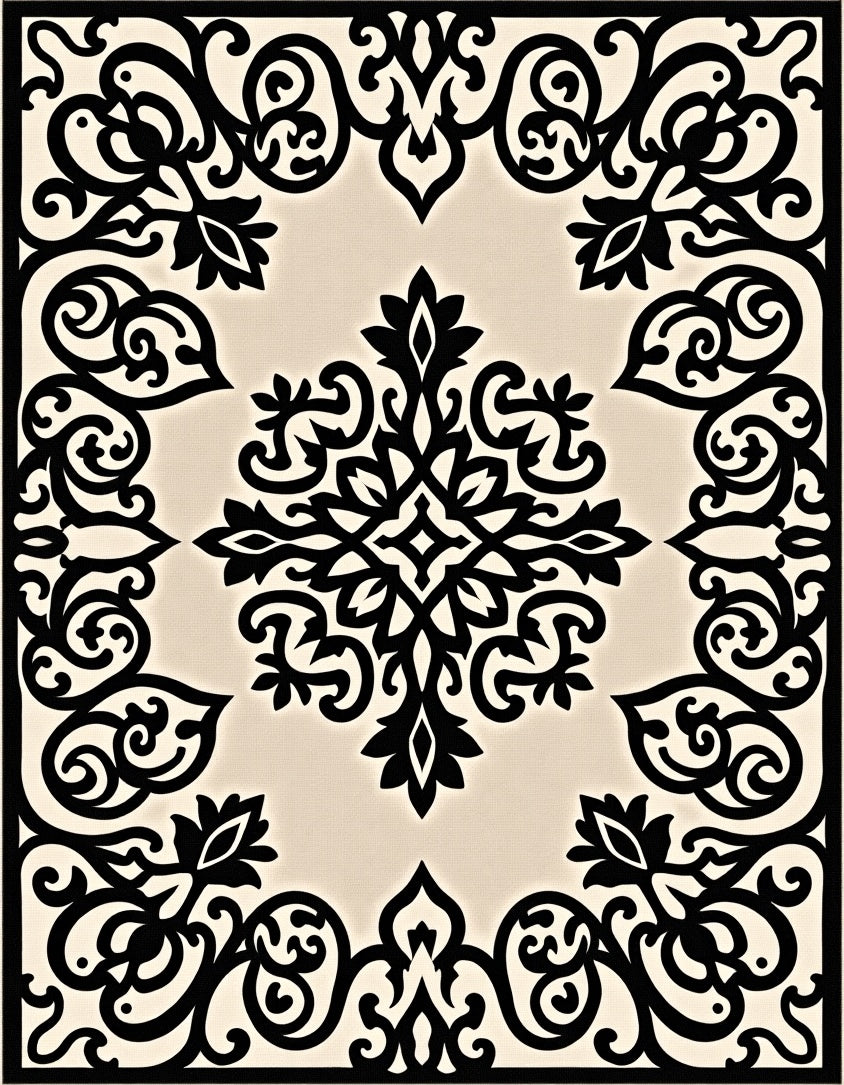 Black Ivory Baroque Scroll Medallion Rug