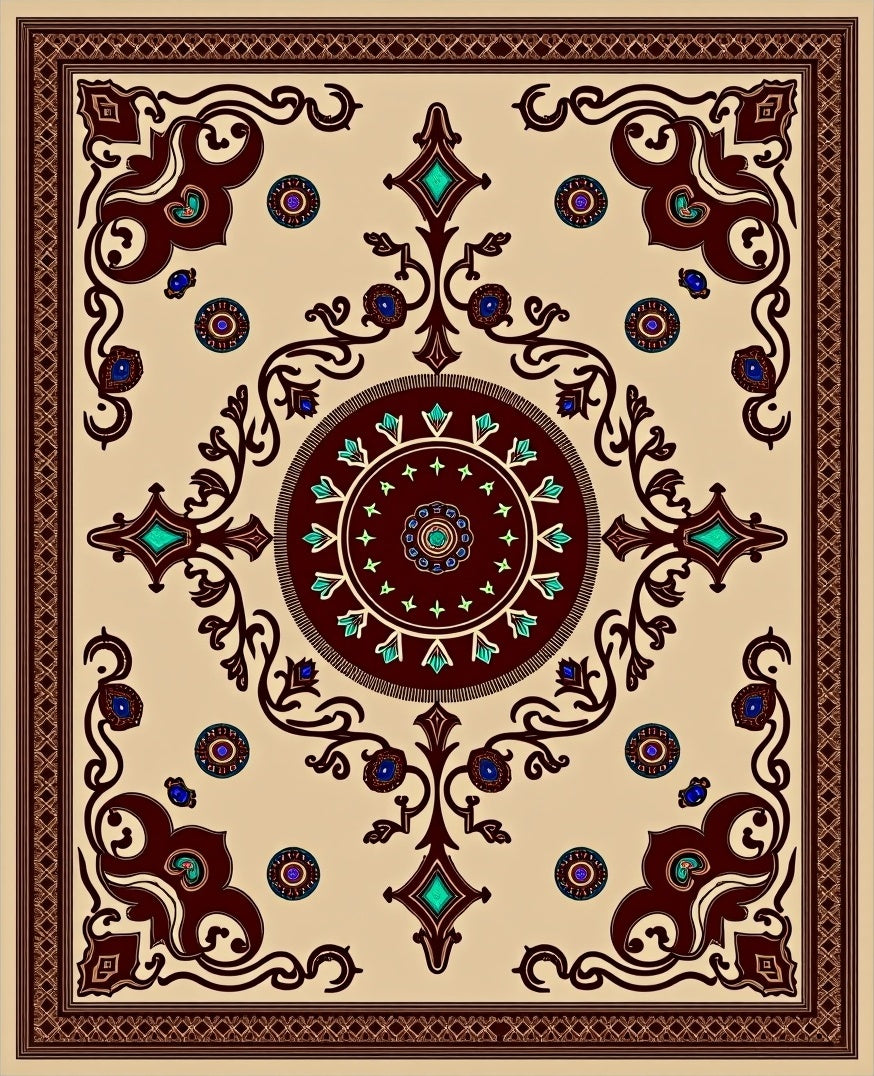 Ornate Crimson Teal Medallion Border Rug