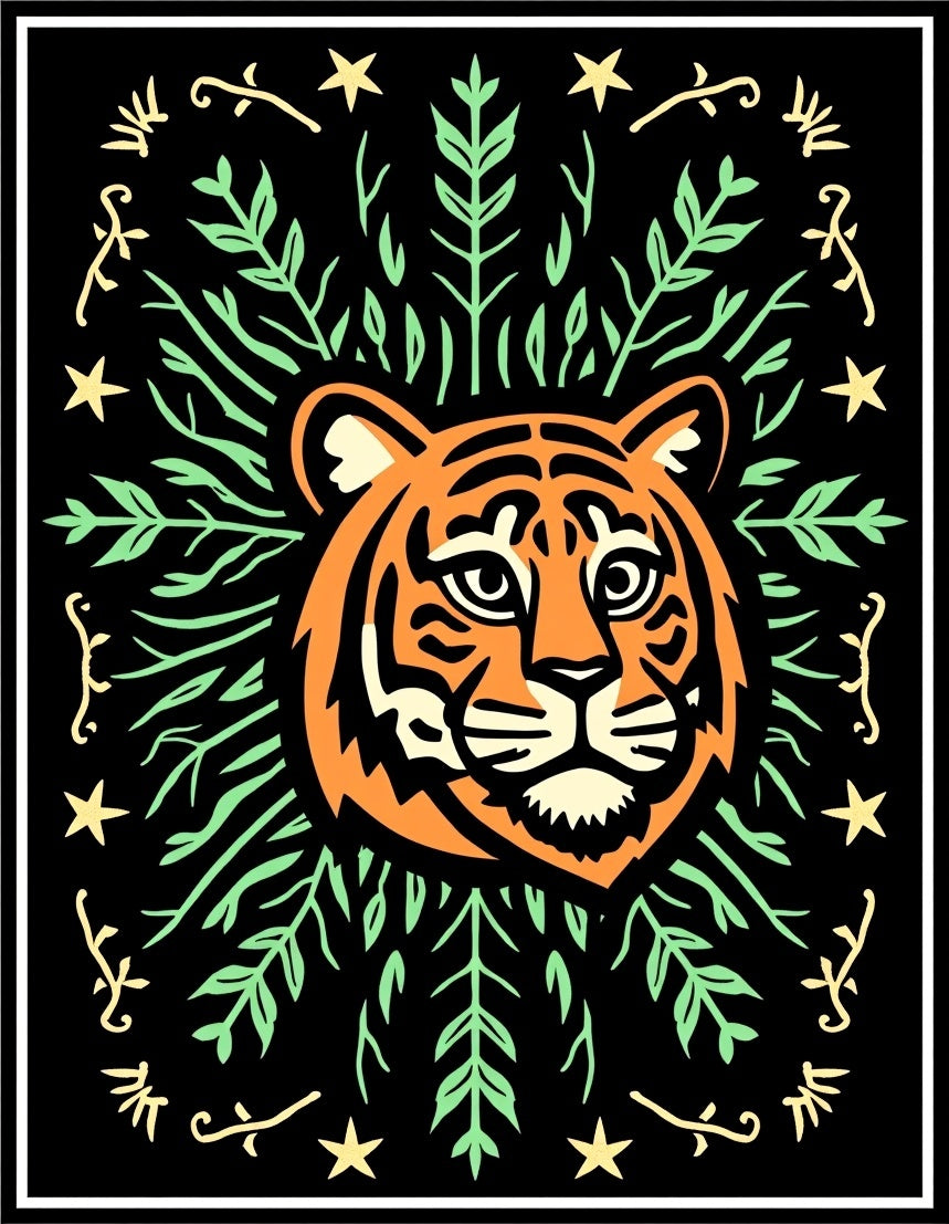 Orange Tiger With Green Tropical Vines Rug