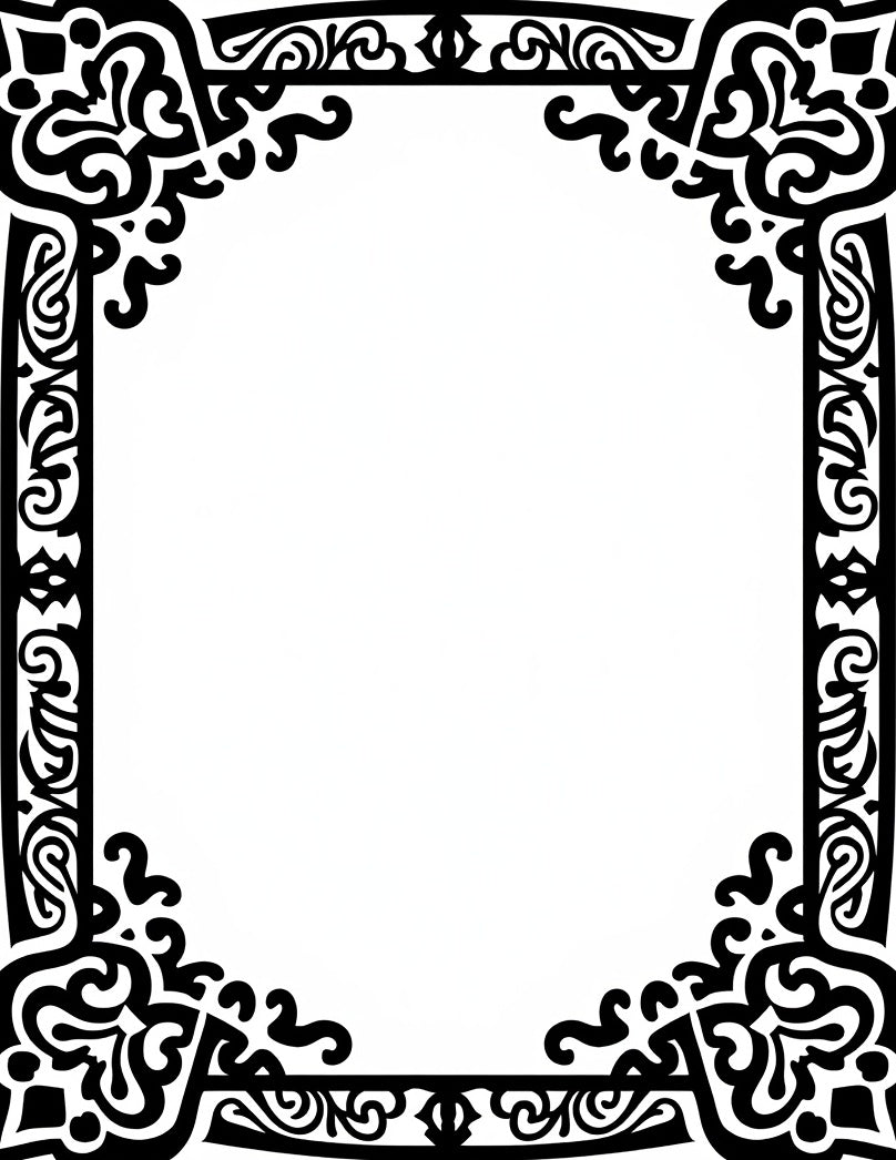 Black Elaborate Scrollwork Corner Border Rug