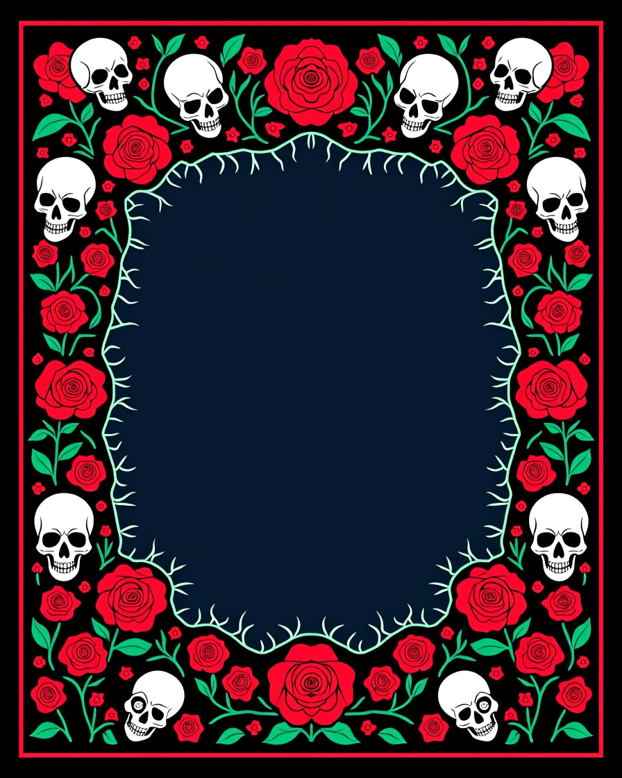 Gothic Red Roses Skulls Border Rug