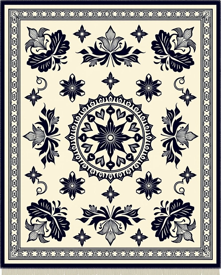 Cream Navy Ornate Bloom Mandala Rug