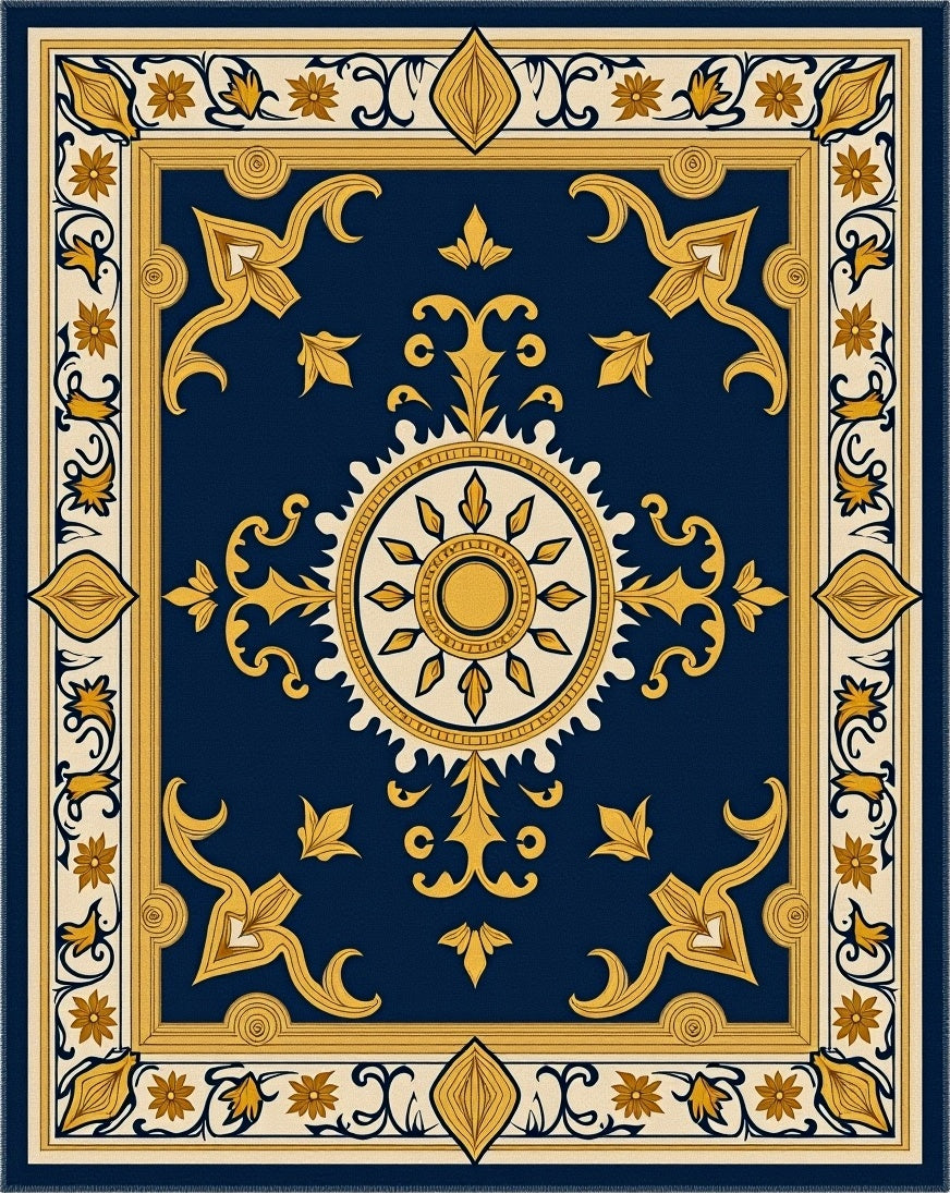 Deep Blue Golden Sun Medallion Rug