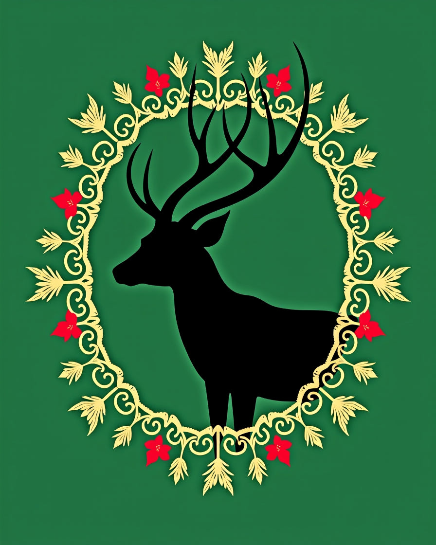 Black Stag Red Flower Golden Wreath Rug