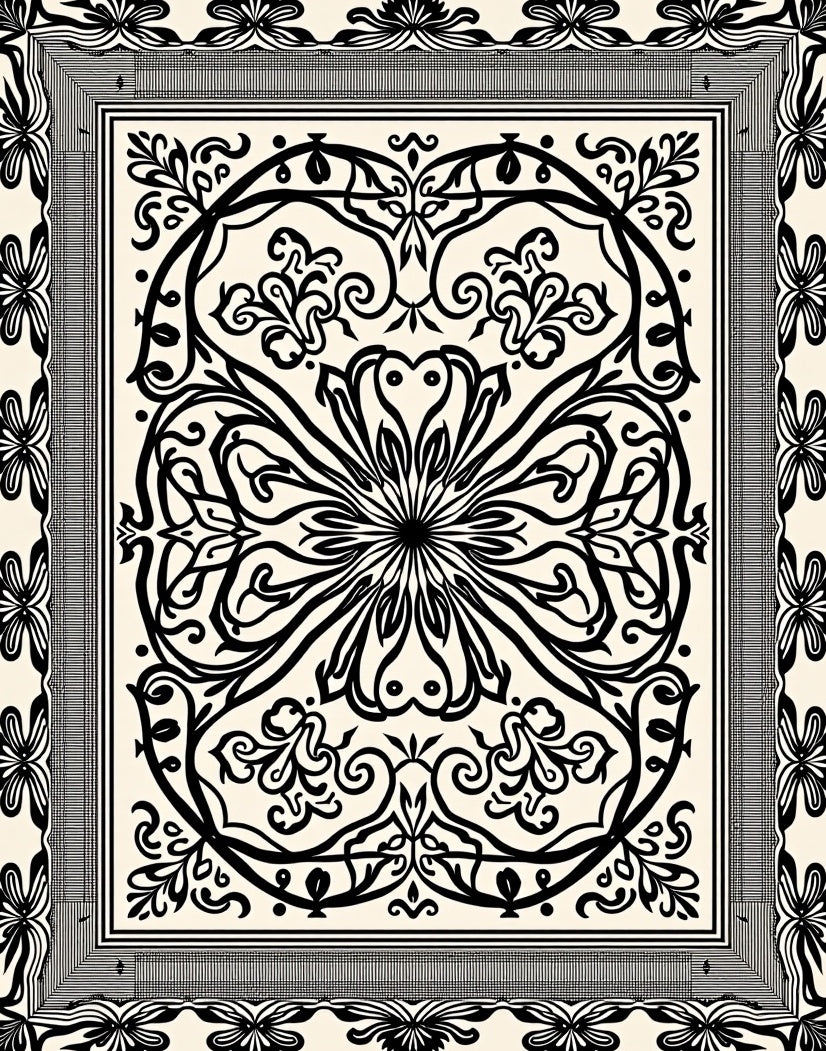 Black Ivory Floral Mandala Border Rug