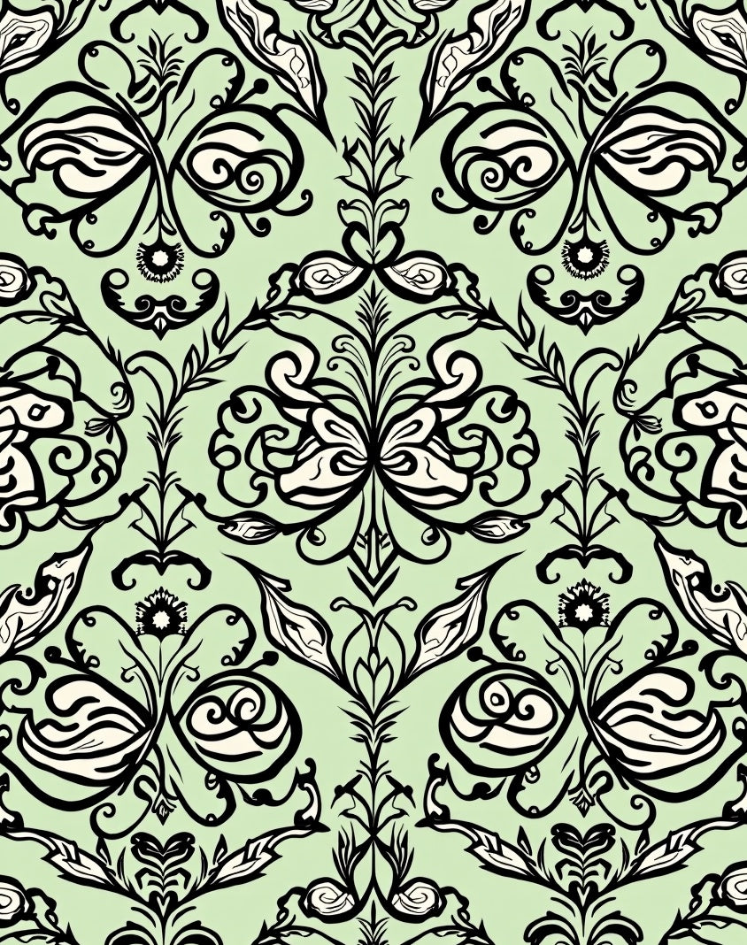 Light Green Black Swirl Floral Arabesque Rug