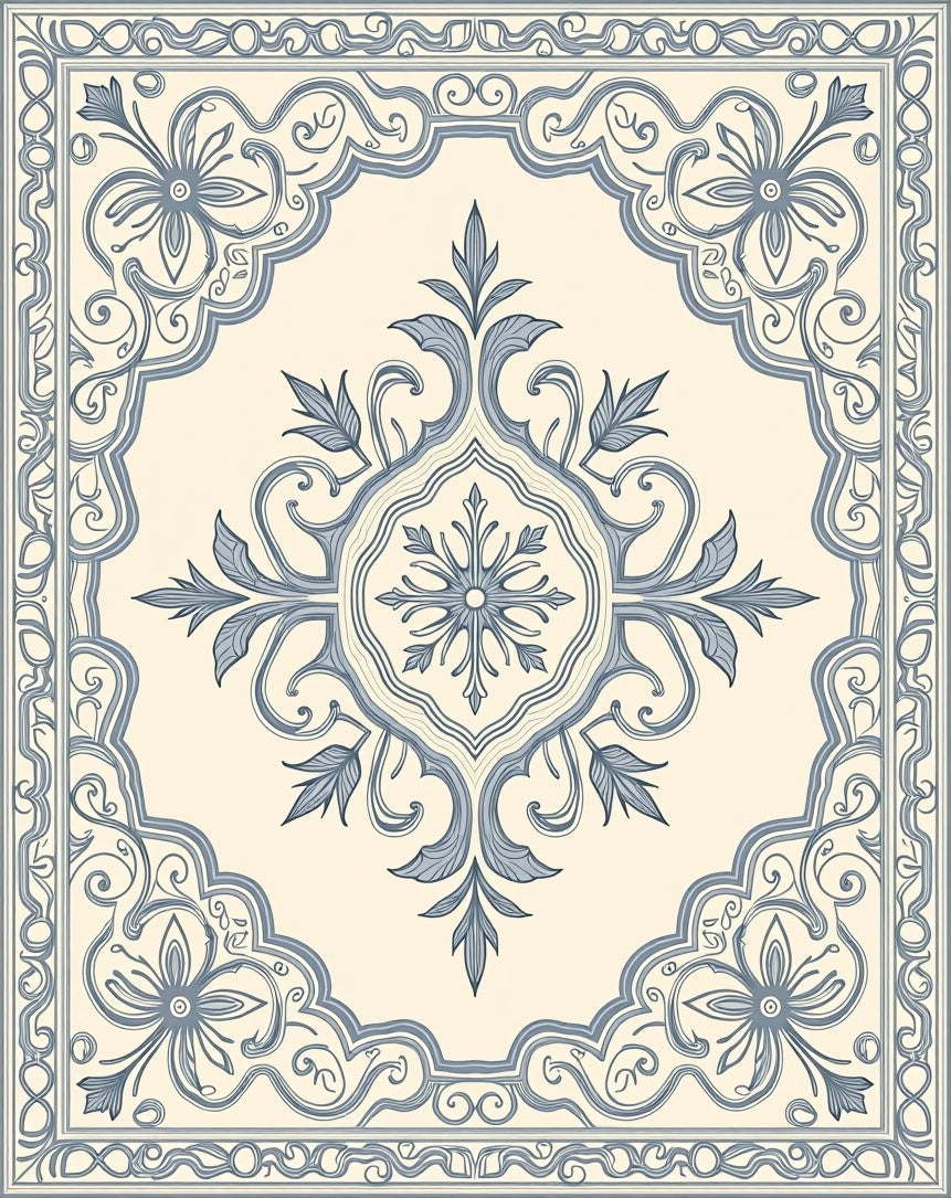 Cream White Blue Floral Medallion Rug