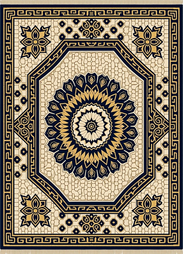 Navy Gold Octagonal Floral Medallion Rug