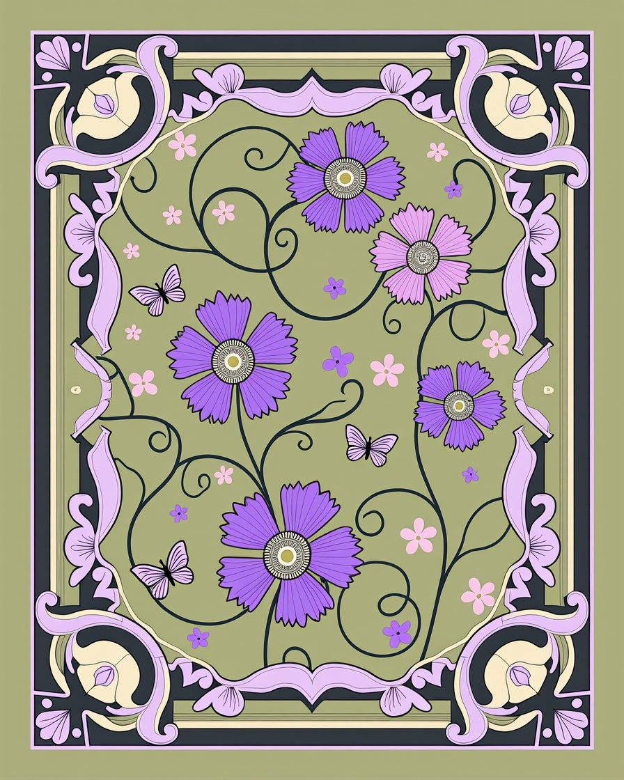 Purple Floral Butterflies Garden Border Rug