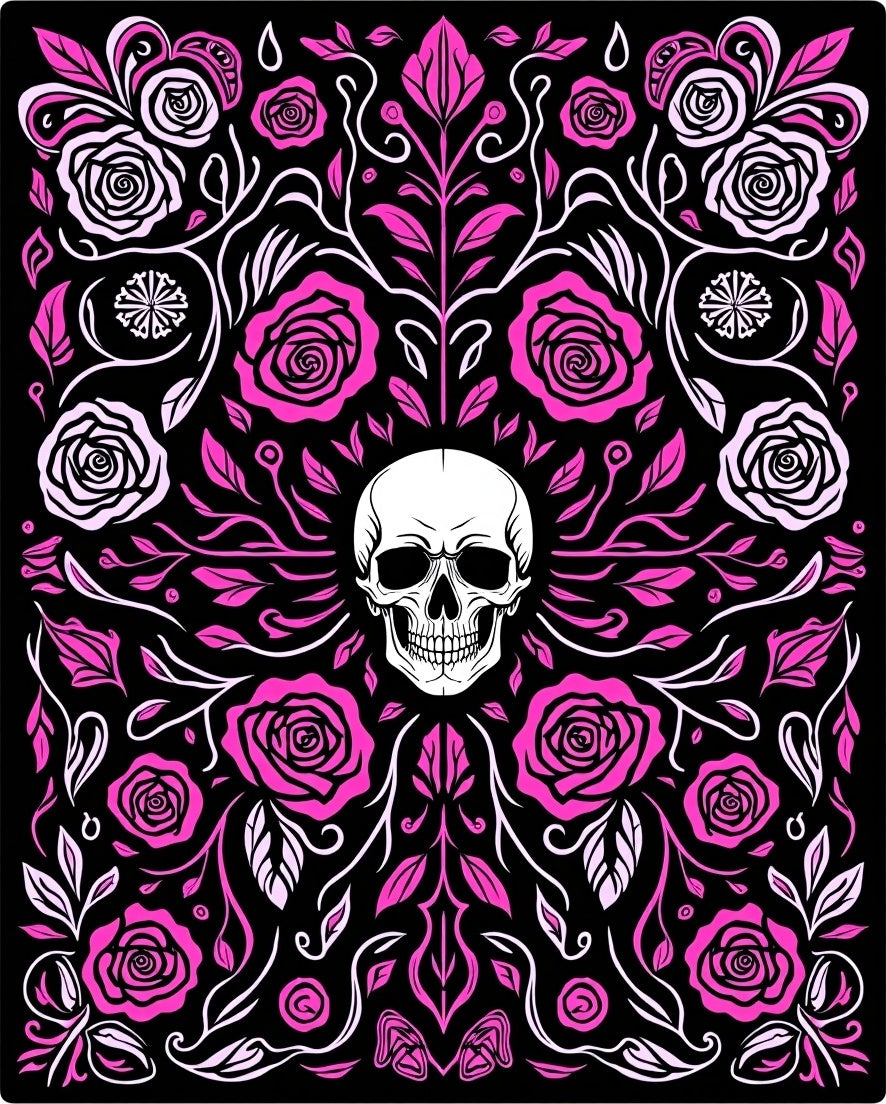 Gothic Pink Skull Floral Swirls Rug
