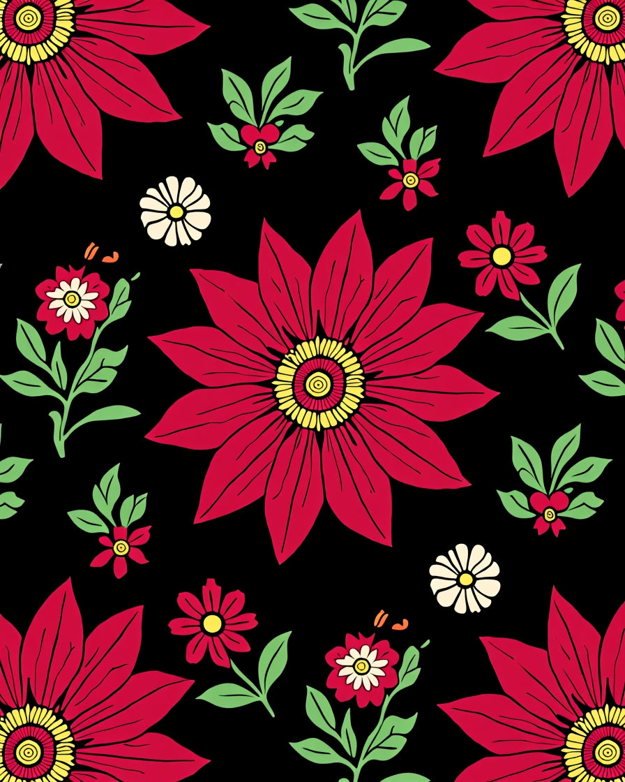 Bold Red Floral Medallion on Black Rug