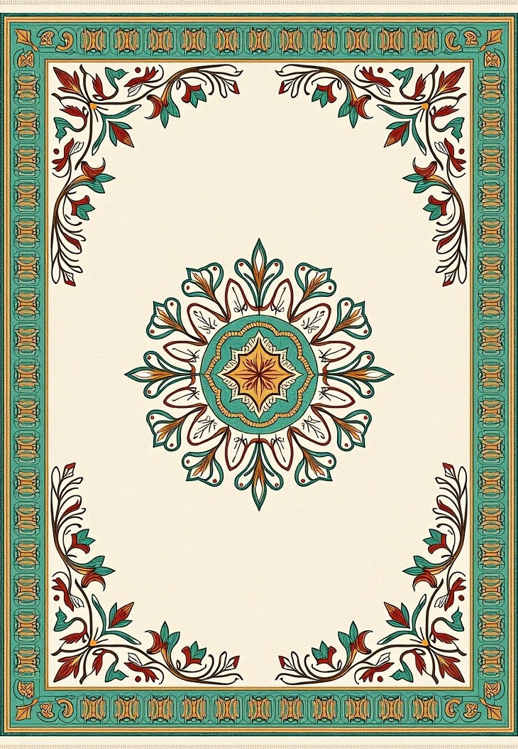 Cream Green Red Floral Medallion Border Rug