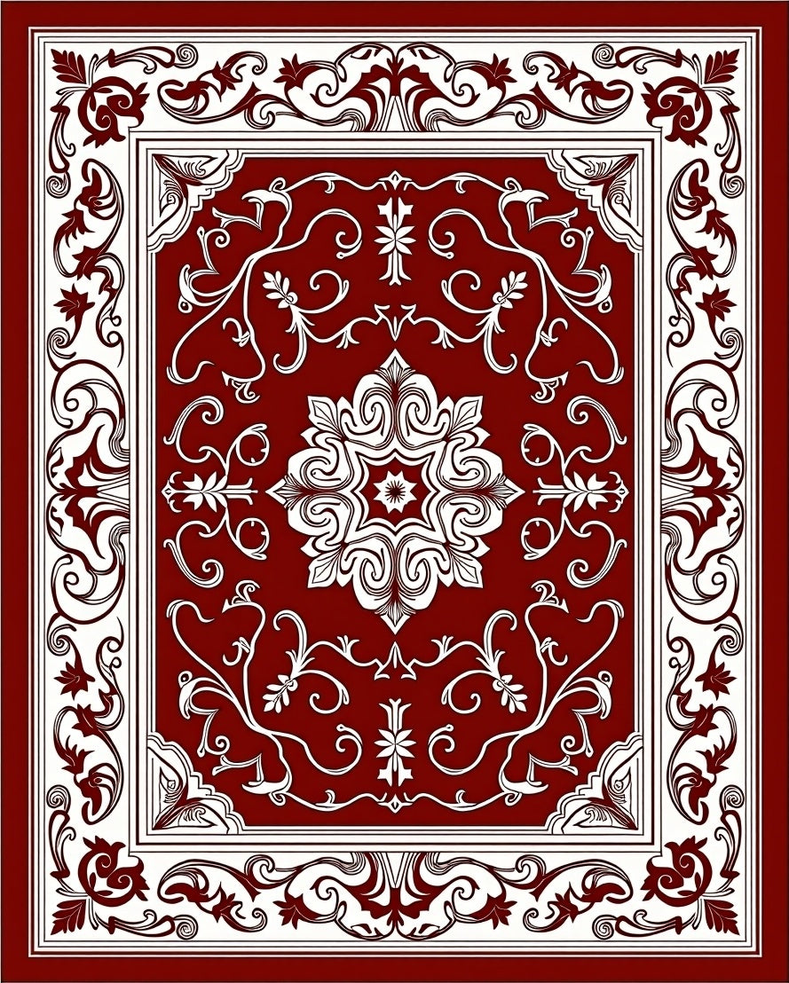 Rich Burgundy Floral Scroll Medallion Rug