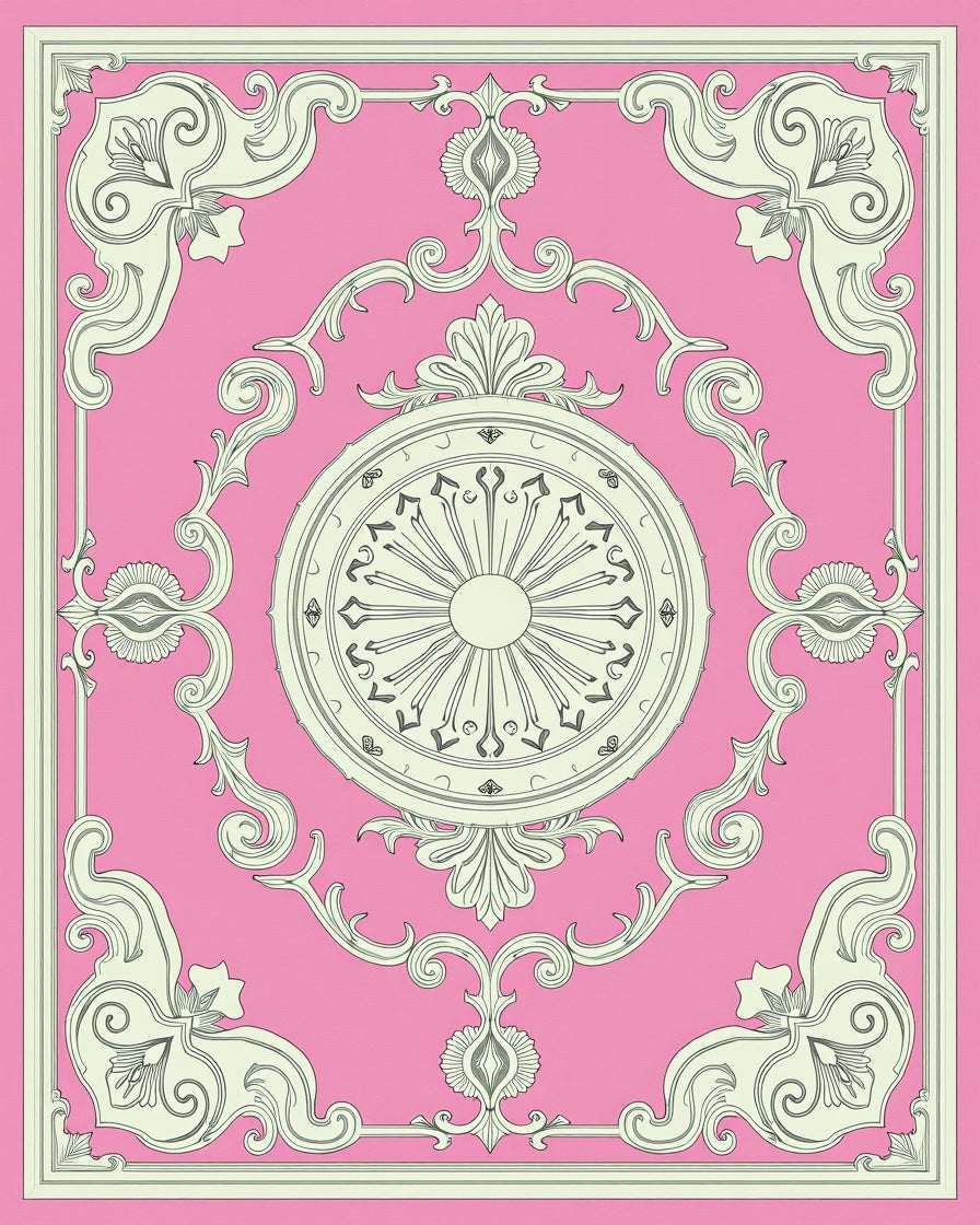 Ornate Pink Cream Medallion Frame Rug