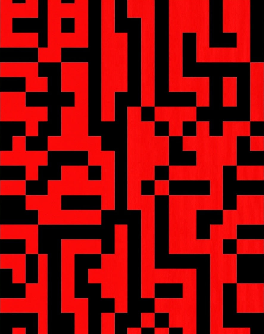 Red Black Pixelated Labyrinth Rug