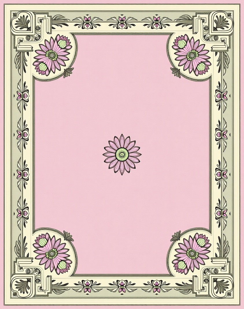 Pink Daisy Floral Bordered Square Rug