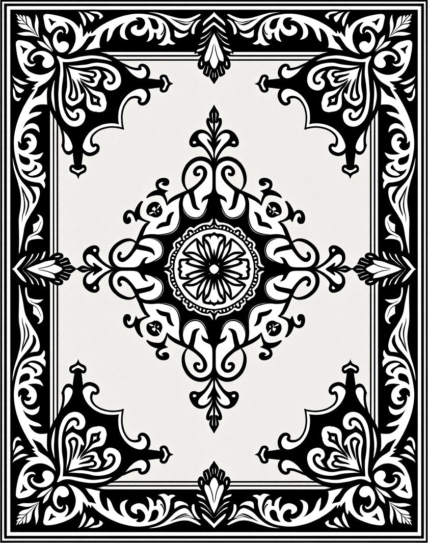 Classic Black White Medallion Floral Rug