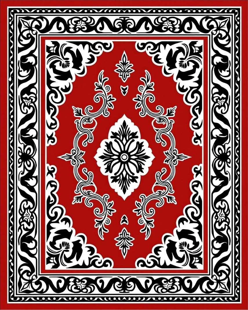 Classic Red Black Floral Medallion Rug