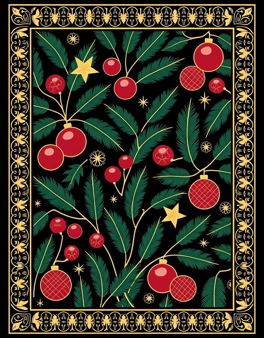 Festive Red Christmas Ornament Pine Needles Rug