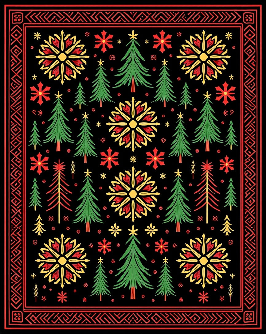 Folk Art Red Yellow Green Trees Rug