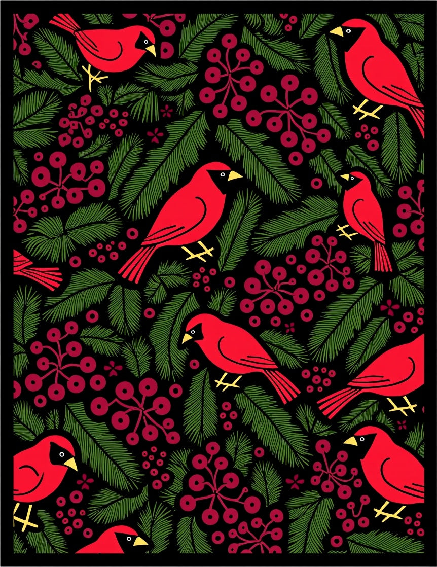Cardinal Birds Red Berries Evergreen Rug