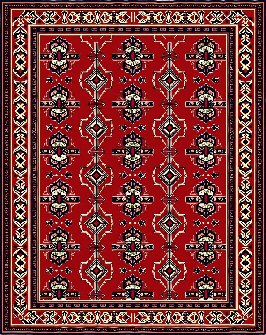 Crimson Red Geometric Medallion Border Rug