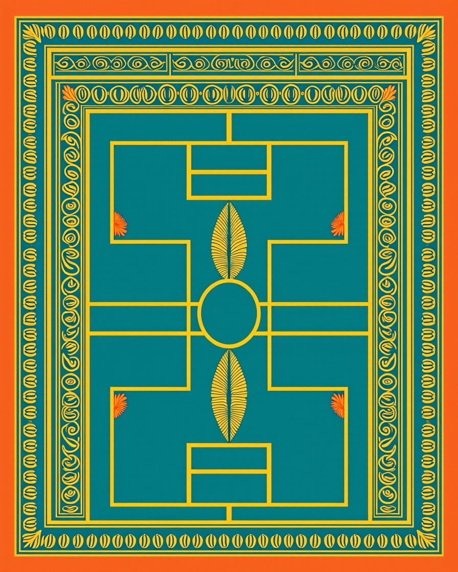 Orange Teal Yellow Geometric Medallion Rug