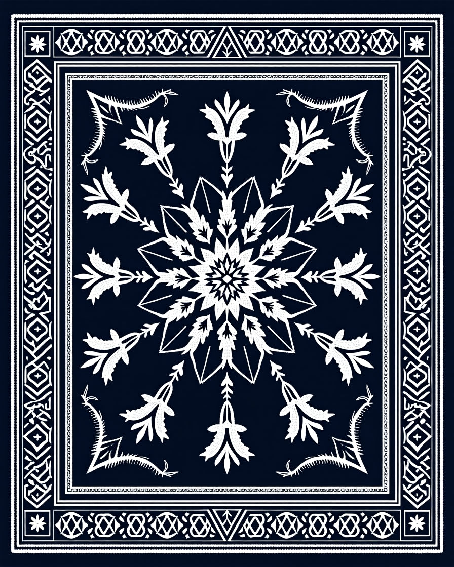 Dark Blue White Floral Medallion Border Rug