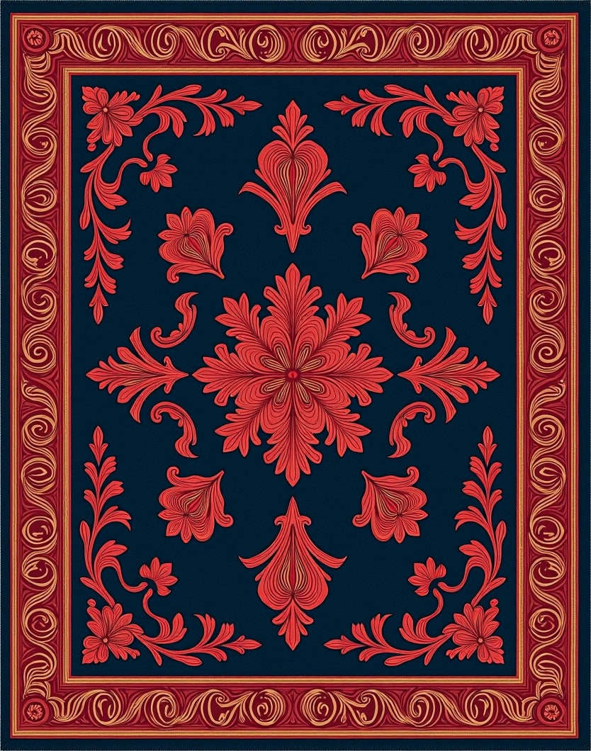 Crimson Red Floral Medallion Navy Rug