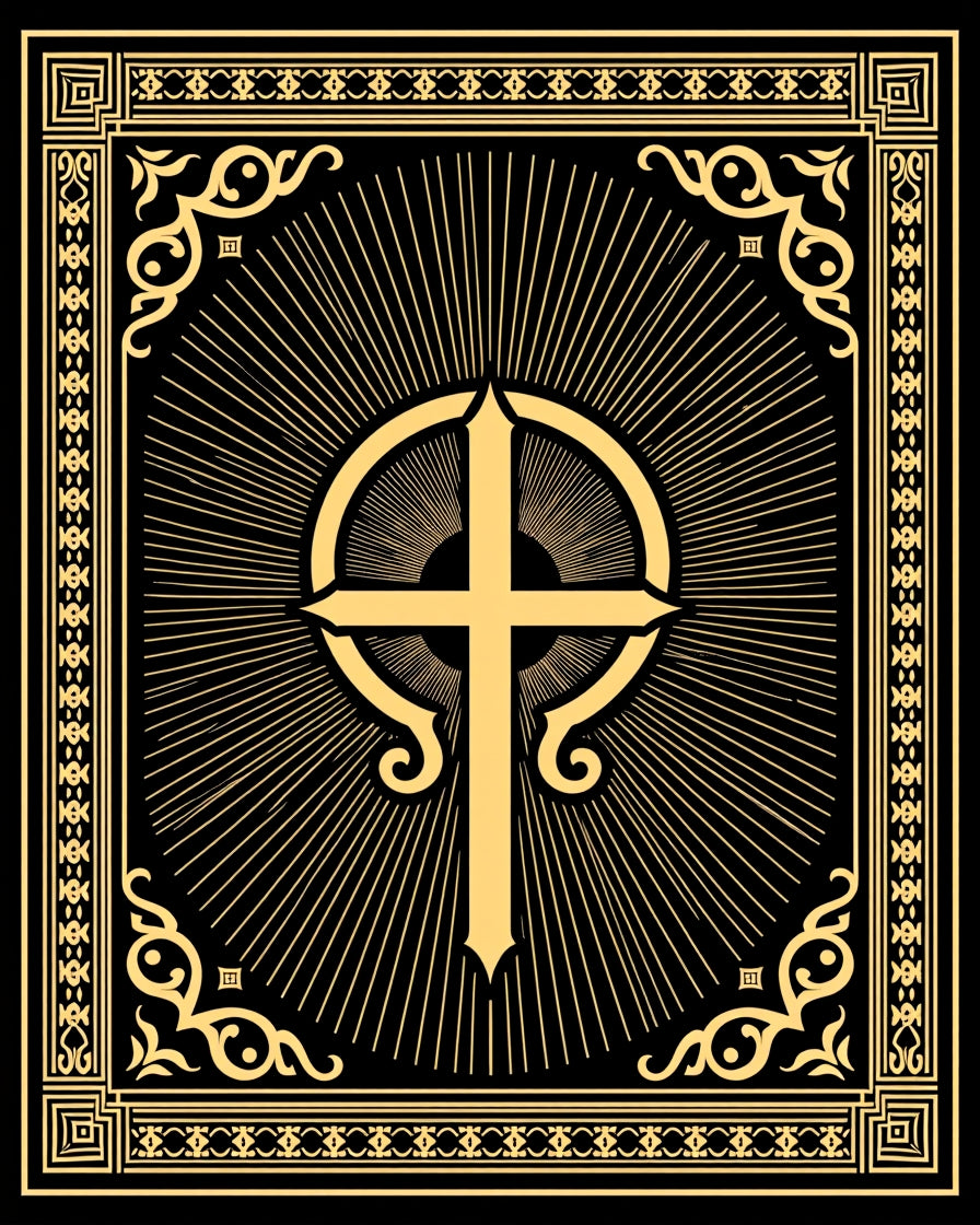 Ornate Gold Cross Radiant Border Rug