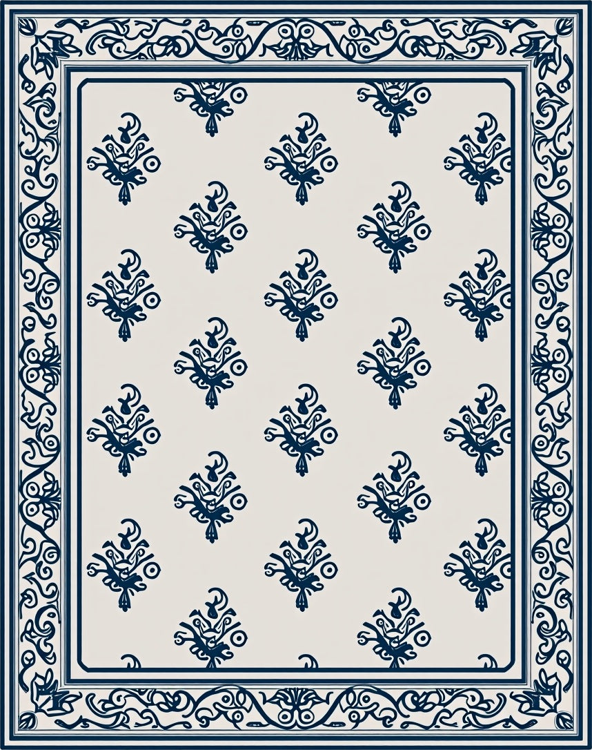 Navy Indigo Ornate Scrollwork Border Rug