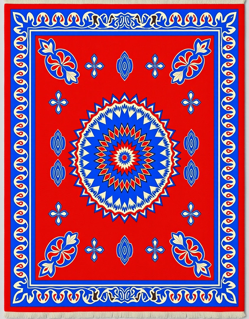 Crimson Blue Radiant Starburst Medallion Rug