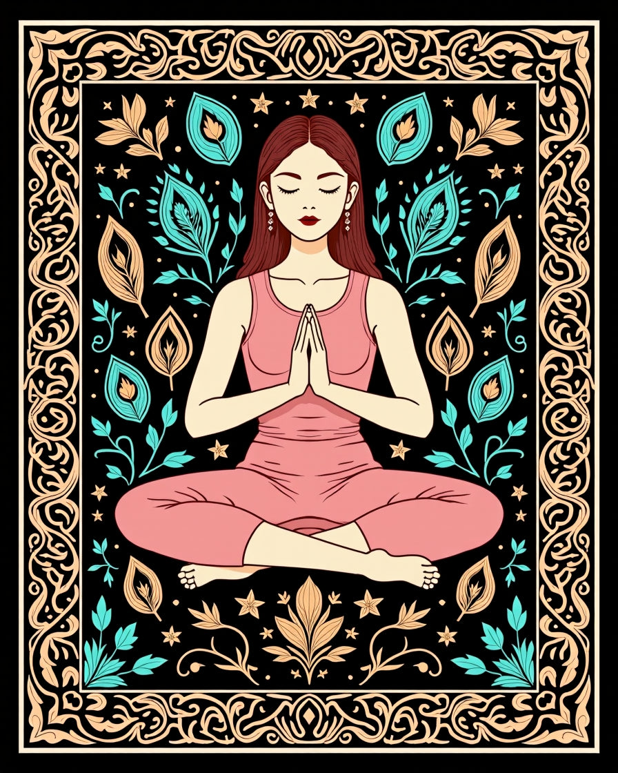 Meditating Woman Teal Leaf Border Rug