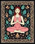 Meditating Woman Teal Leaf Border Rug