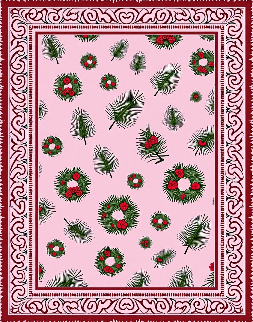 Pink Fern Wreath Christmas Rug