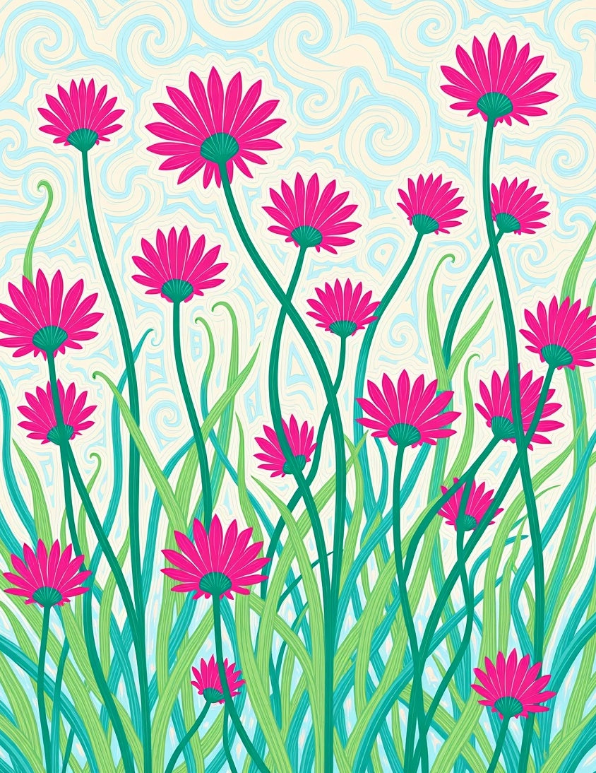 Bright Pink Daisy Field Swirls Rug