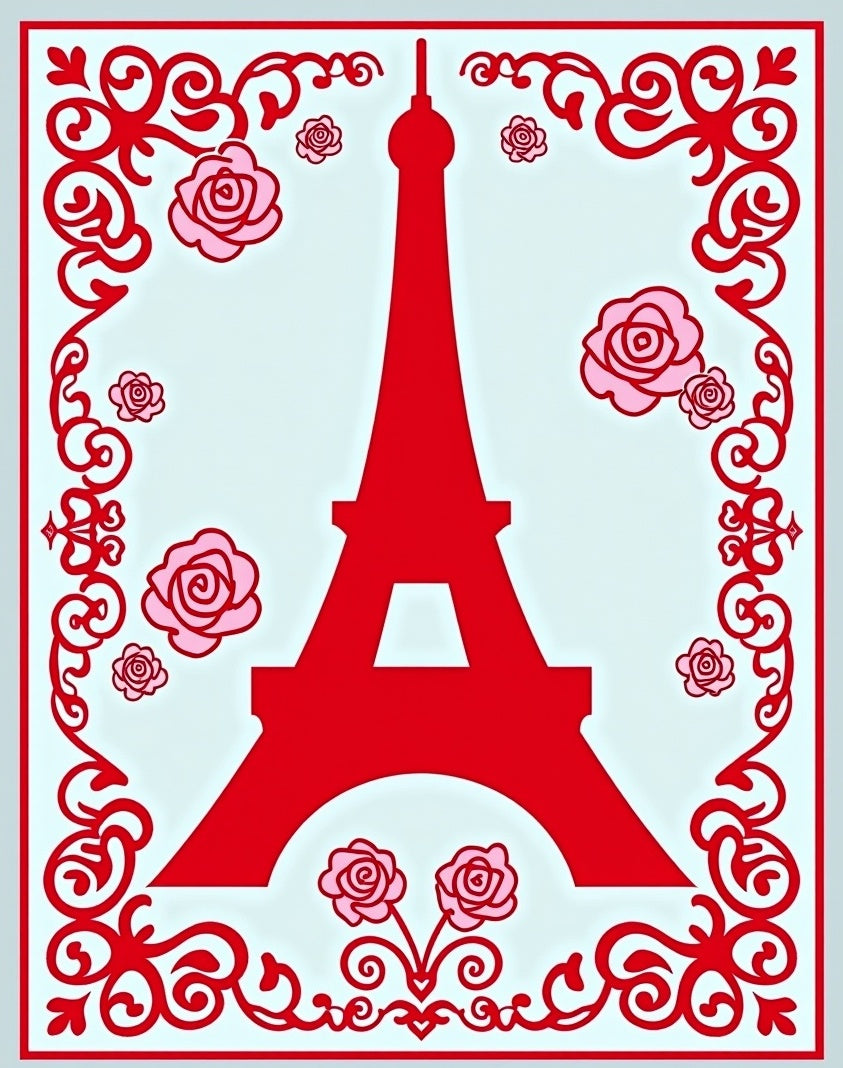Red Eiffel Tower Pink Roses Border Rug