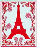 Red Eiffel Tower Pink Roses Border Rug