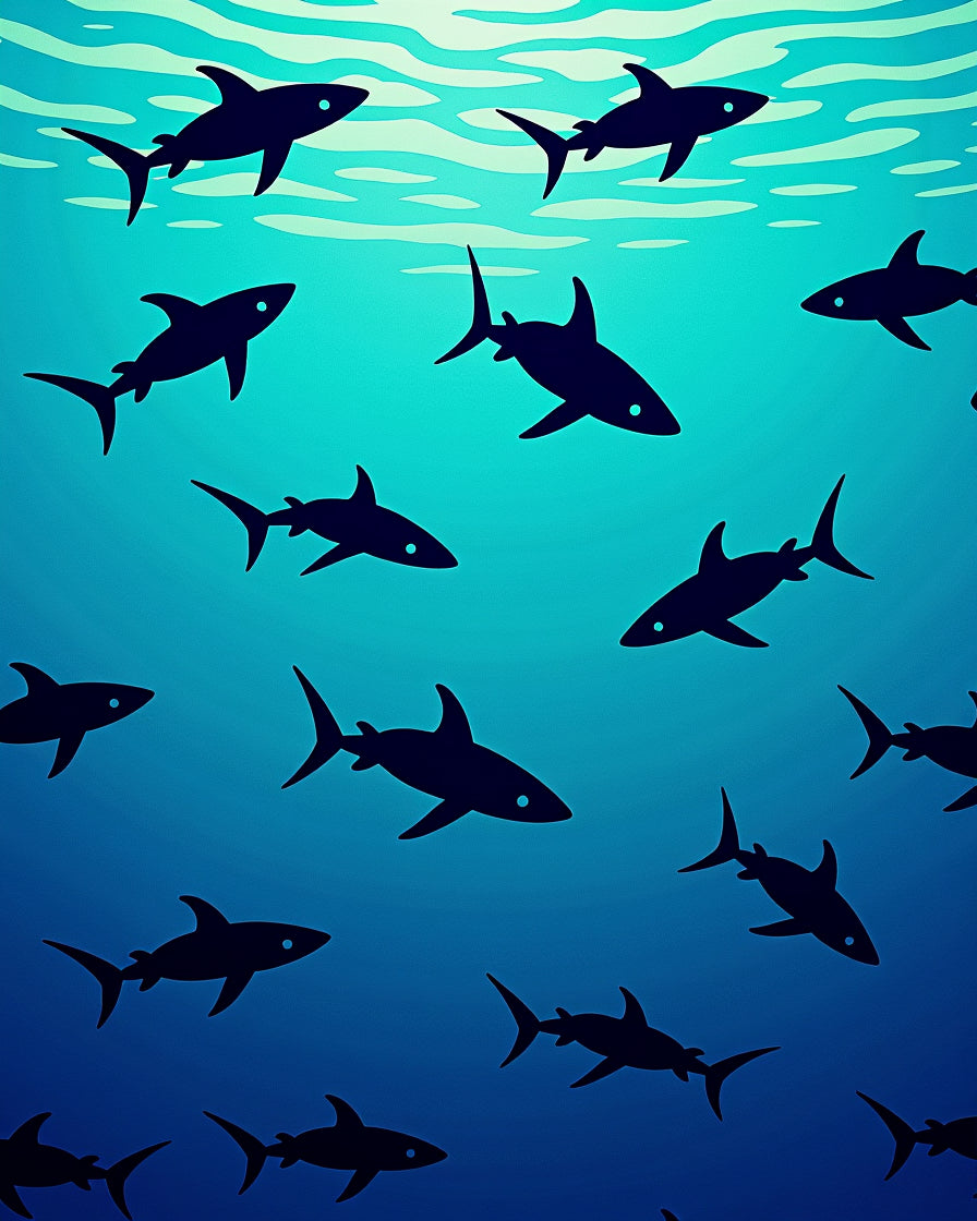 Dark Blue Silhouette Shark School Rug