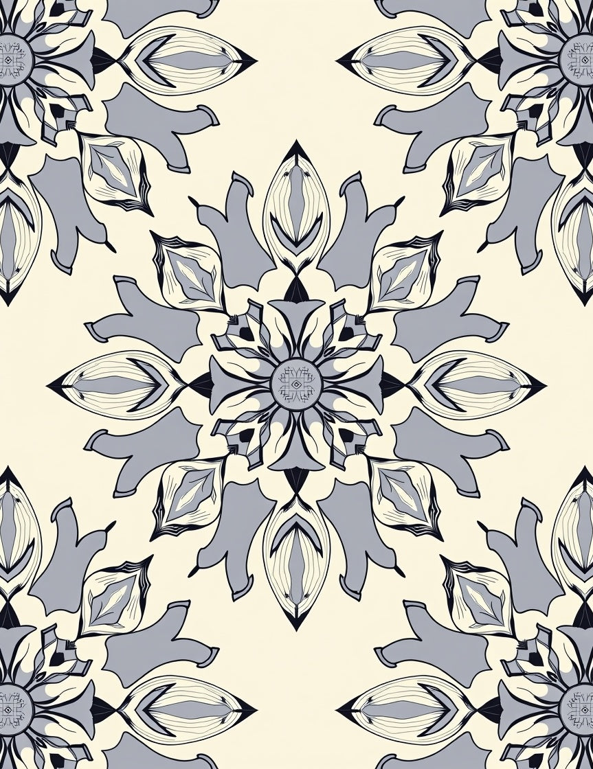 Gray Cream Floral Mandala Rug