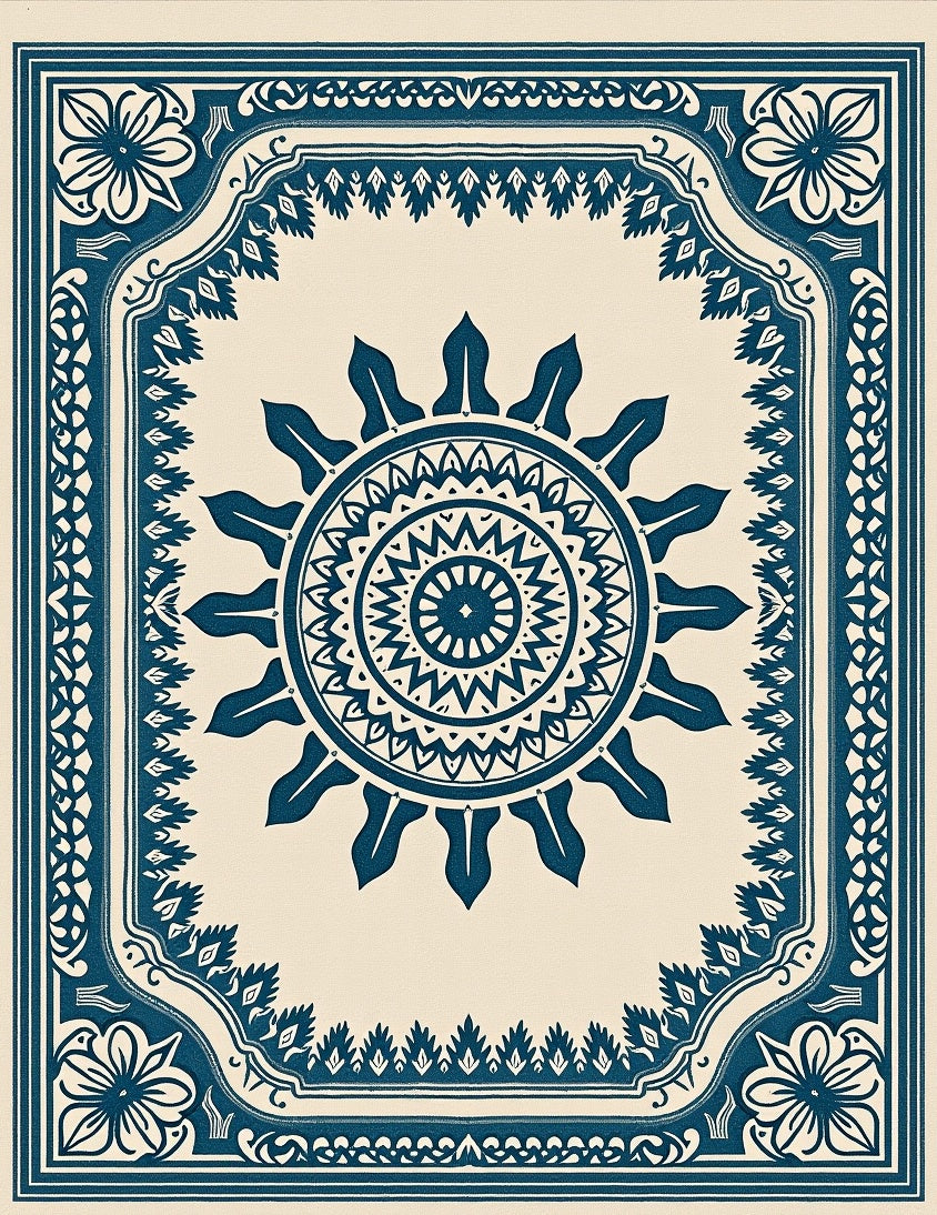 Deep Blue Sunburst Mandala Frame Rug