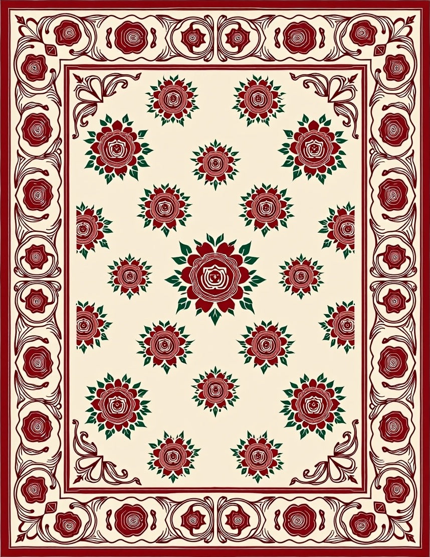 Crimson Rose Floral Cream Border Rug