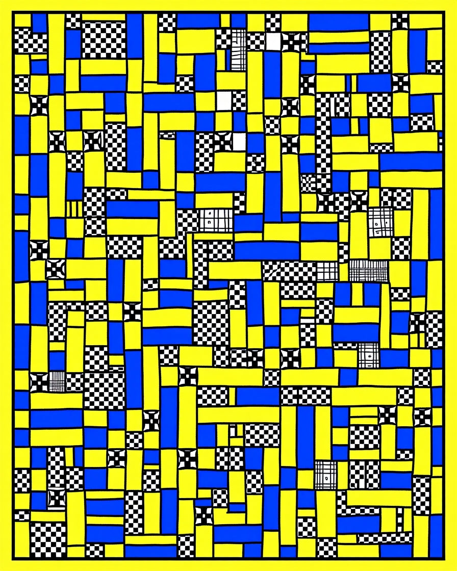 Yellow Blue Black Geometric Blocks Rug