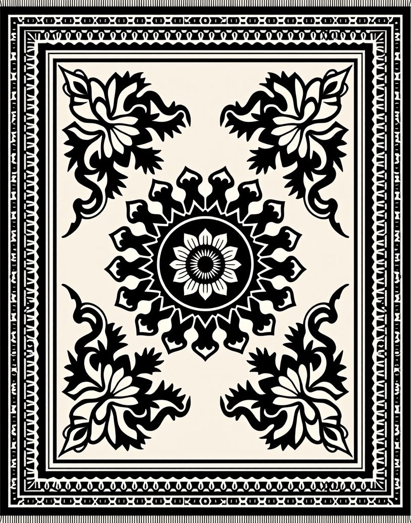 Black Cream Floral Medallion Border Rug
