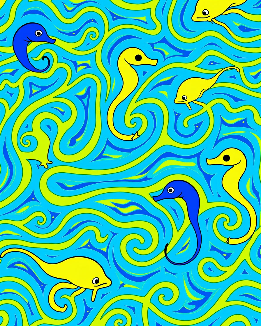 Whimsical Yellow Blue Seahorse Swirl Rug