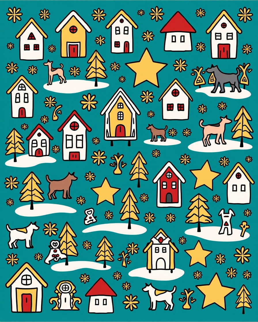 Holiday Village Dog Snowy Star Scene Rug