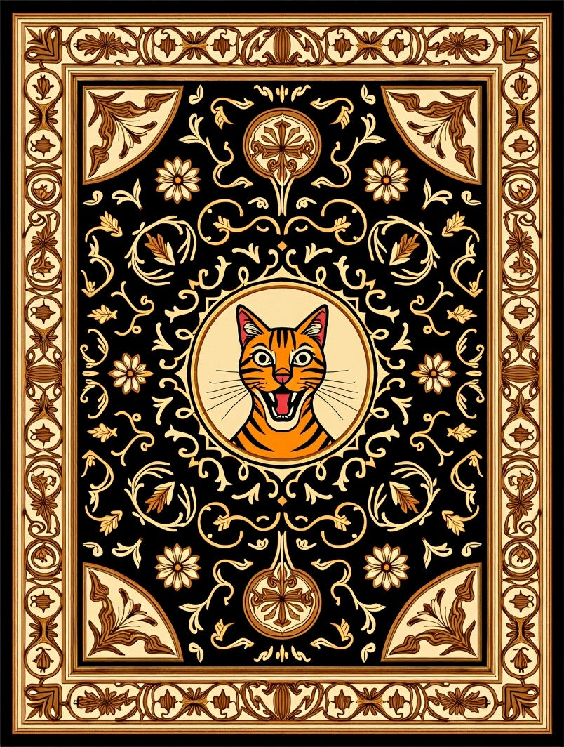 Dramatic Tiger Face Black Gold Floral Rug