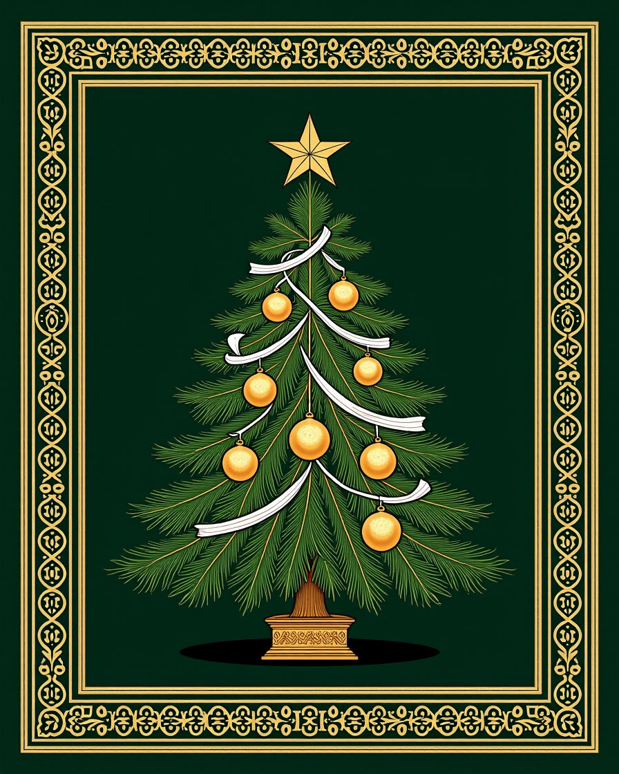 Evergreen Tree Gold Ornament Border Rug