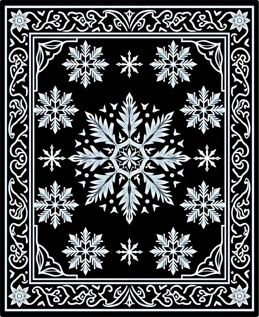 Black White Snowflake Ornamental Medallion Rug
