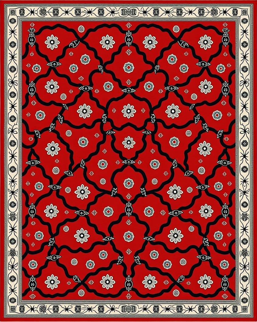 Crimson Floral Lattice Border Rug